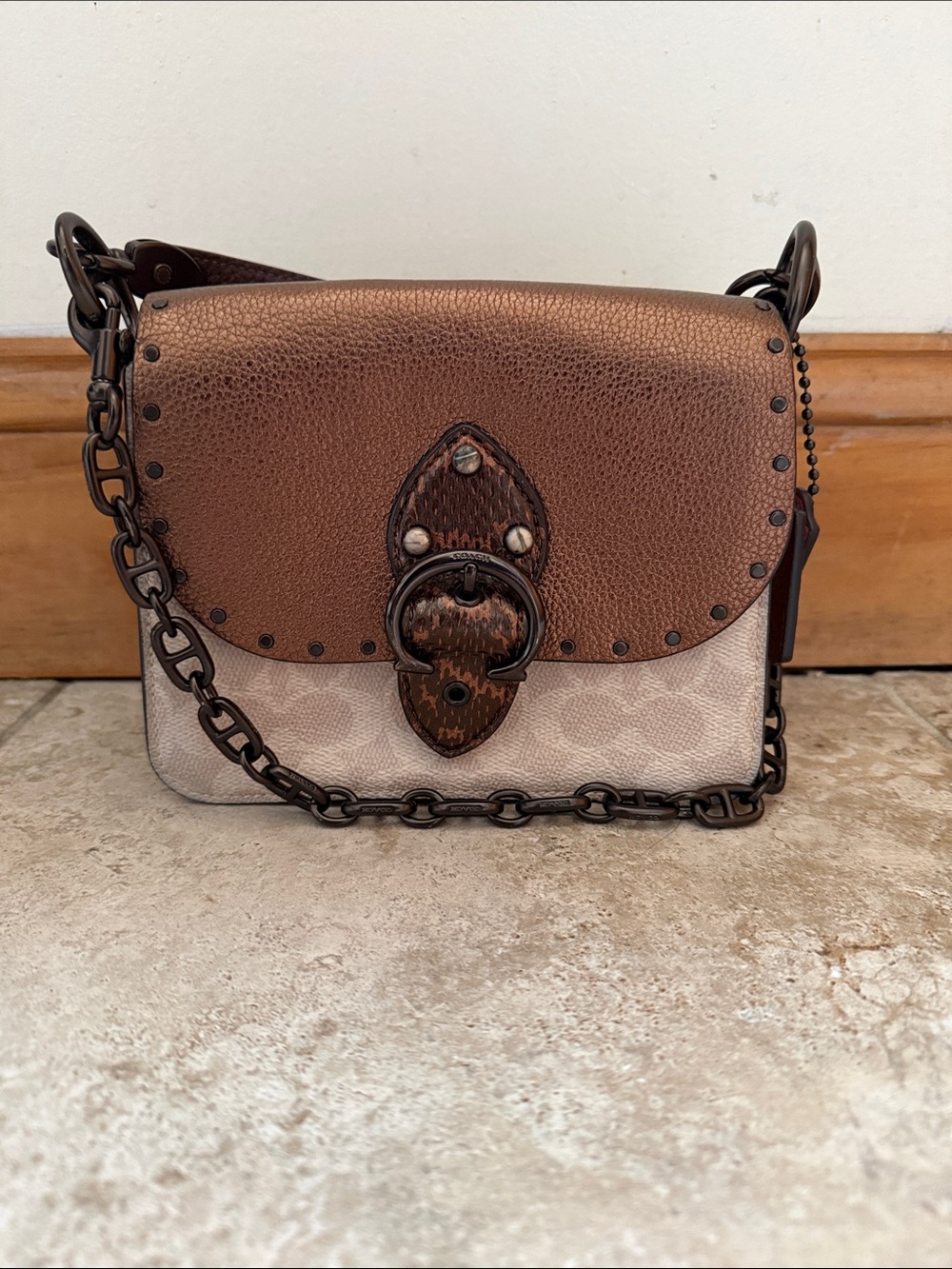 Coach Copper Metallic & Signature Crossbody with Dark Chain